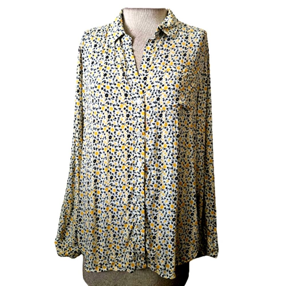Velvet Heart Yellow Floral Pattern Button Up Blouse Size Large